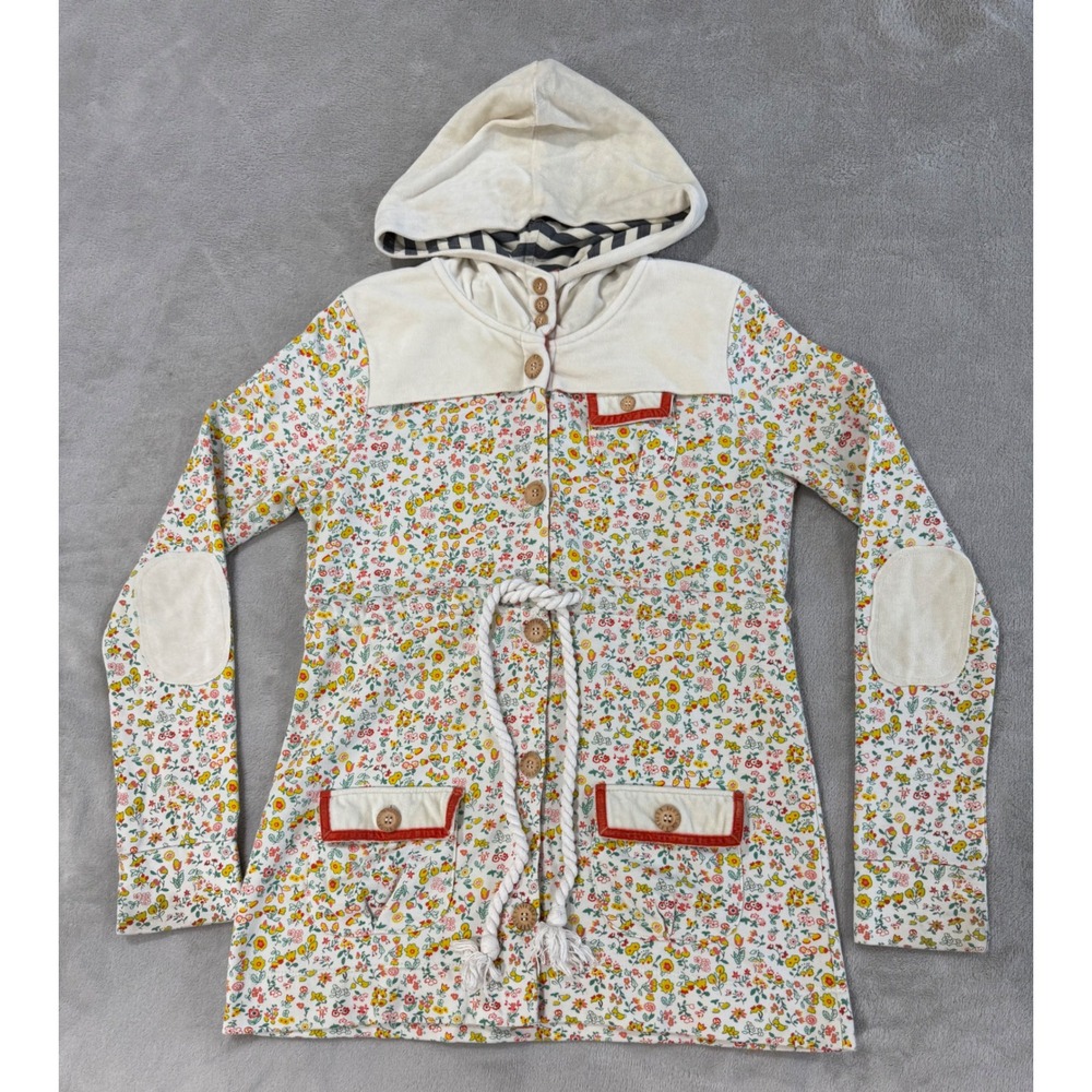 VTG Y2K Cottagecore Floral Button Front Hoodie Rope Drawstring Elbow Patches S/M